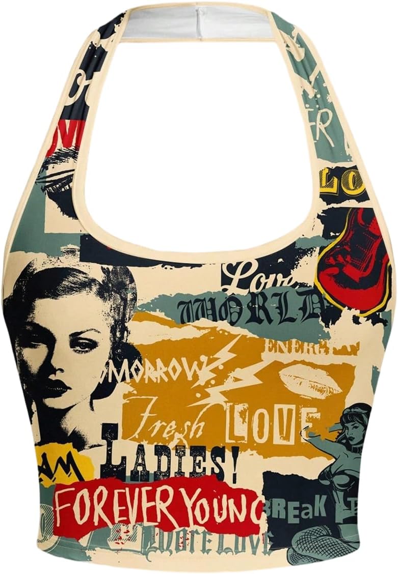 SOLY HUX Women's Y2k Crop Top Summer Halter Neck Slim Fit Tank Vintage Graphic Back to School Shirt Concert Rave Outfits