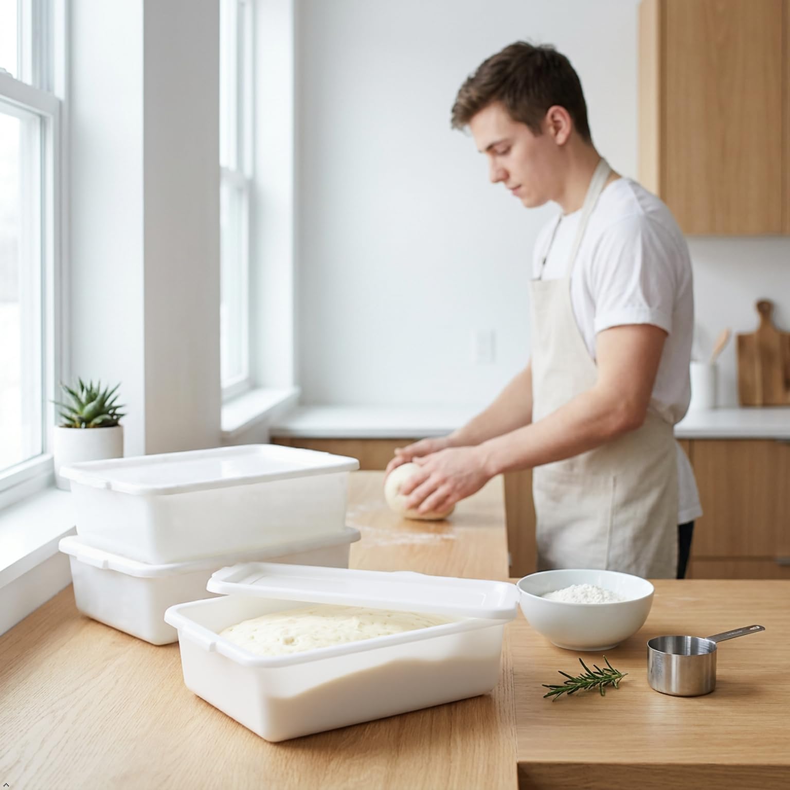 Scatole per lievitazione, in plastica bianca, perfette come scatola per lievitazione del pane e contenitore per impasti (45 x 32 x 12,9 cm), 3 vassoi e 3 coperchi