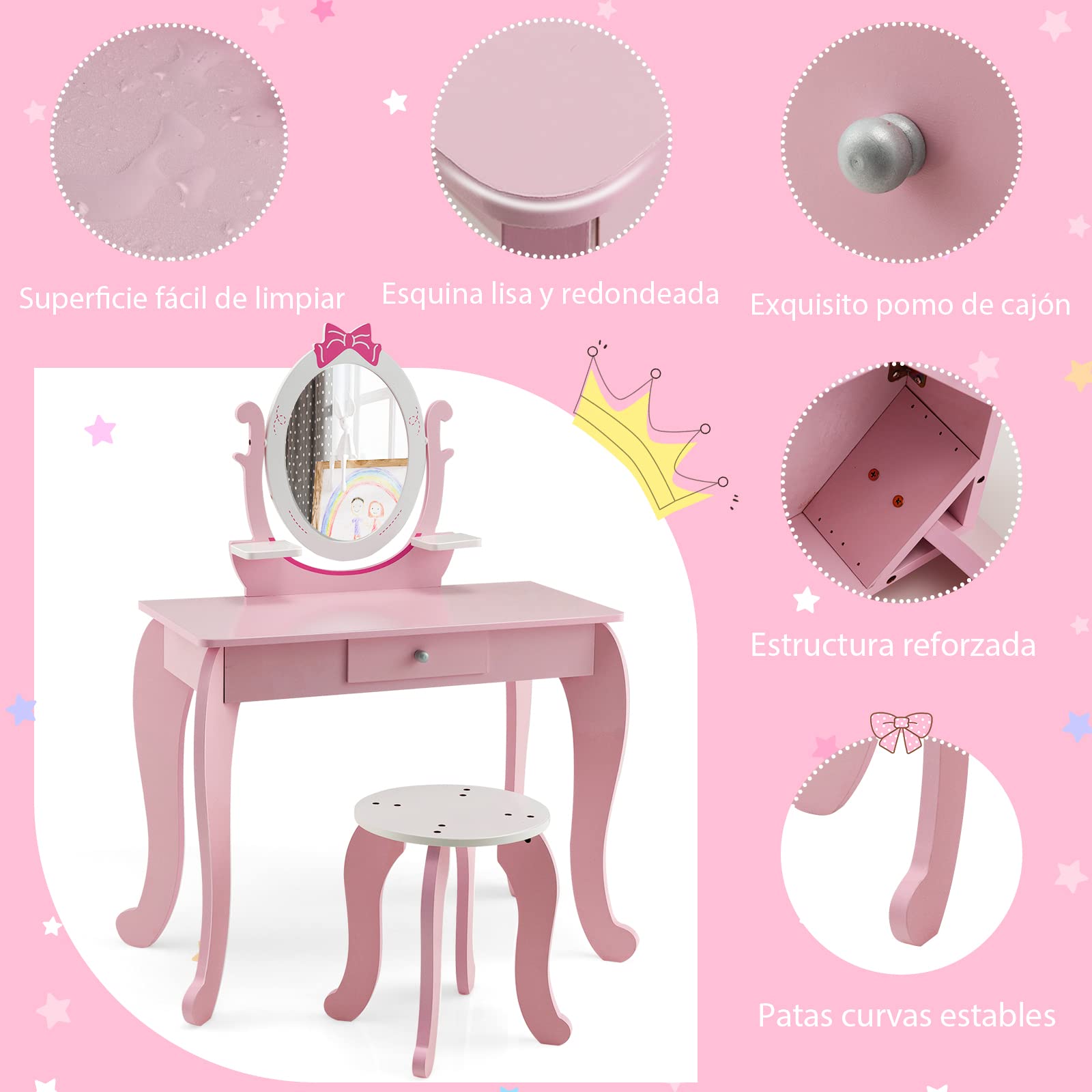 COSTWAY Juego de Tocador de Maquillaje para Niñas, Mesa de Maquillaje con Taburete de Madera 2 en 1, Espejo Ovalado, Cajón, Set de Mesa y Silla de Maquillaje para Niñas de 3 a 7 Años
