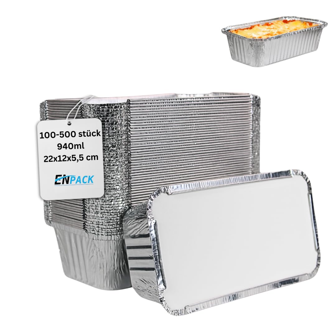 Enpack Aluschale R14/901L - Aluschalen mit Deckel 22x12x5,5 cm - Menüschale - 940 ml Füllmenge - Form für Lebensmittel - Grillschalen - Einwegverpackungen - Einmalbehälter für Pasta (100, mit Deckel)