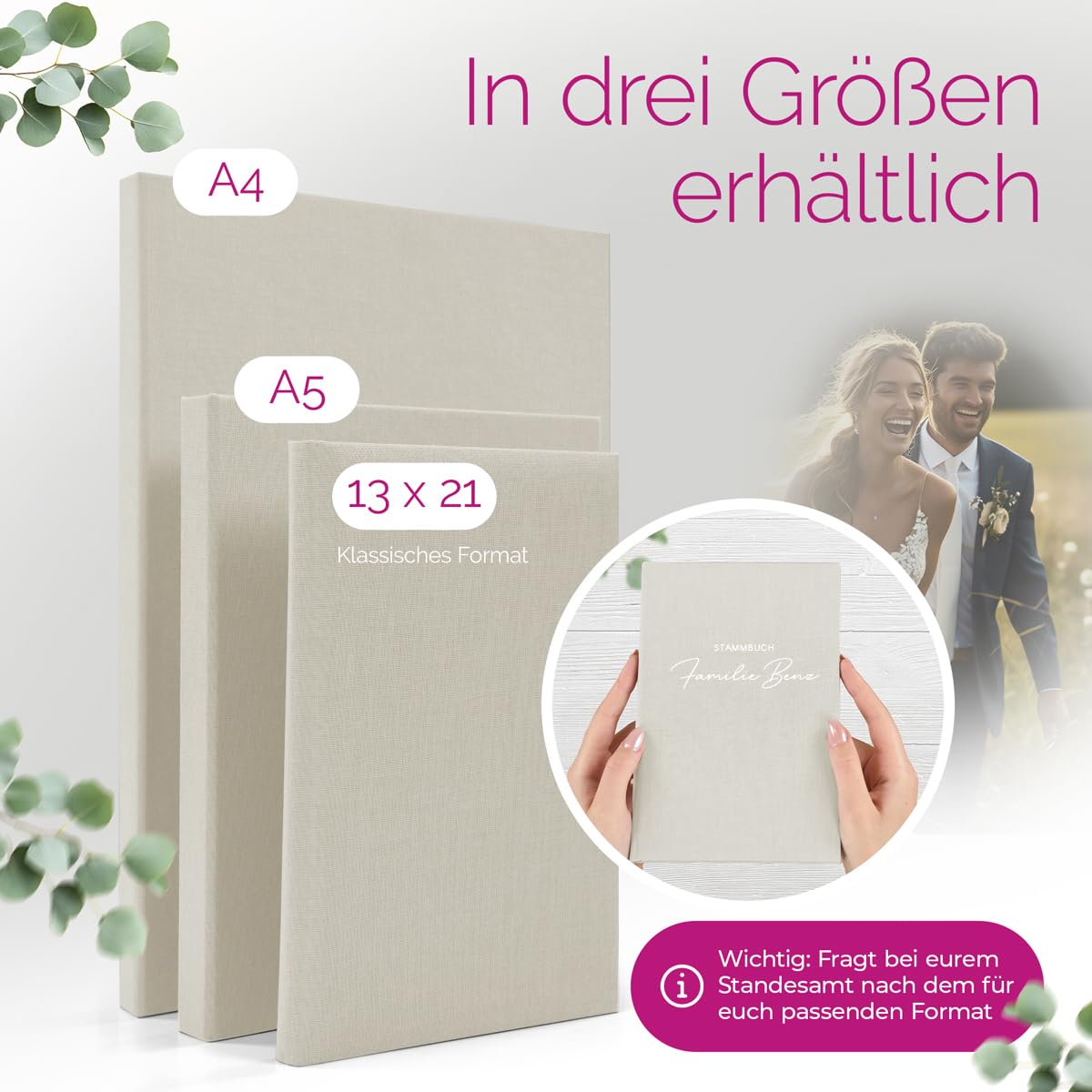 Hochzeitideal Stammbuch 'Serie 311' A5 Creme | Handgefertigt aus Buchbinderleinen 23x19,5 cm | 4-Ring-Mechanik mit 3 Klarsichthüllen | personalisierbar | inkl. Einleger & Erinnerungsseiten