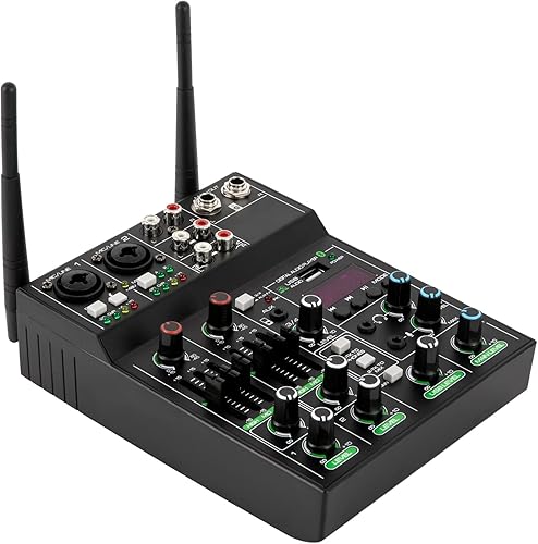 Miniatura 6 de Mezclador de audio profesional, mezclador de sonido de 4 canales con micrófono inalámbrico dual, consola de tablero de sonido MP3 Bluetooth 48 V,