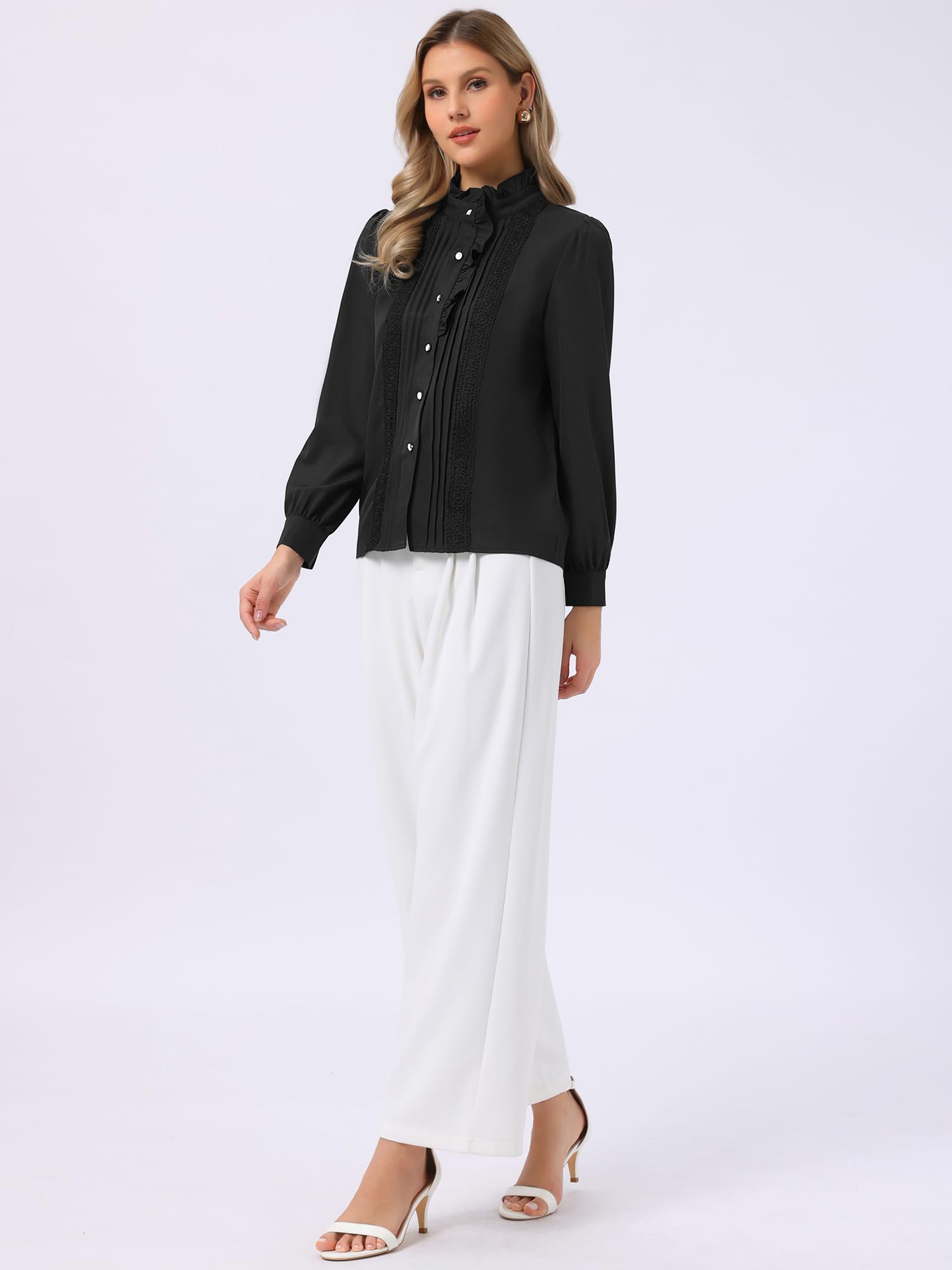 Allegra K Camicetta da donna retrò con volant, con bottoni, casual, a maniche lunghe, elegante, da lavoro