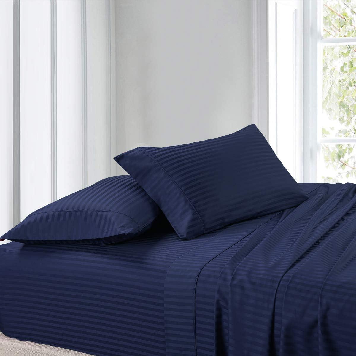 sheetsnthings Set of 2 Navy 300TC Stripes Standard Queen Size Pillowcases