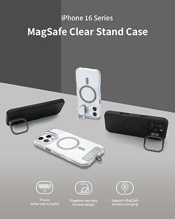 Jowua Kickstand Case + Phone Tether Tab Set, Compatible with iPhone 16 Pro, Compatible with MagSafe Translucent