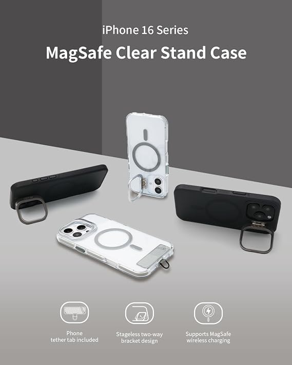 Jowua Kickstand Case + Phone Tether Tab Set, Compatible with iPhone 16 Pro, Compatible with MagSafe Translucent