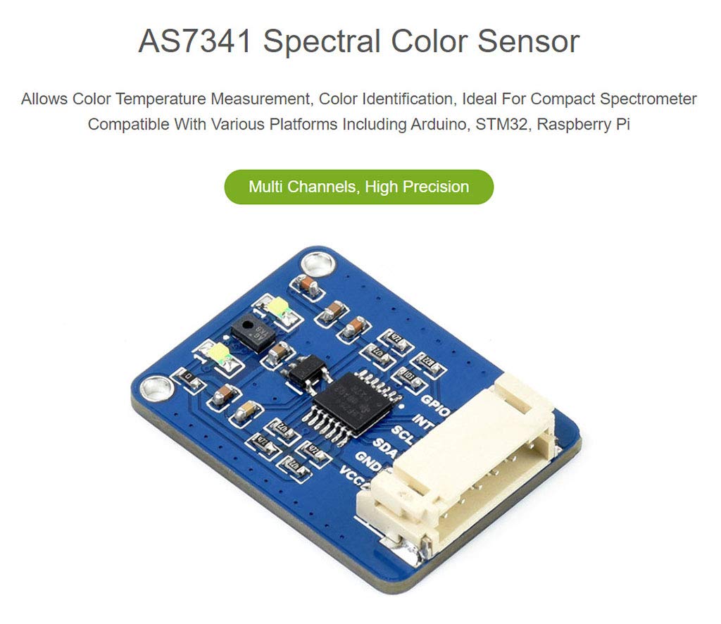 AS7341 Spectral Color Sensor Module for Raspberry Pi/STM32, Visible Spectrum Sensor, Multi Channels, High Precision, I2C Control Interface