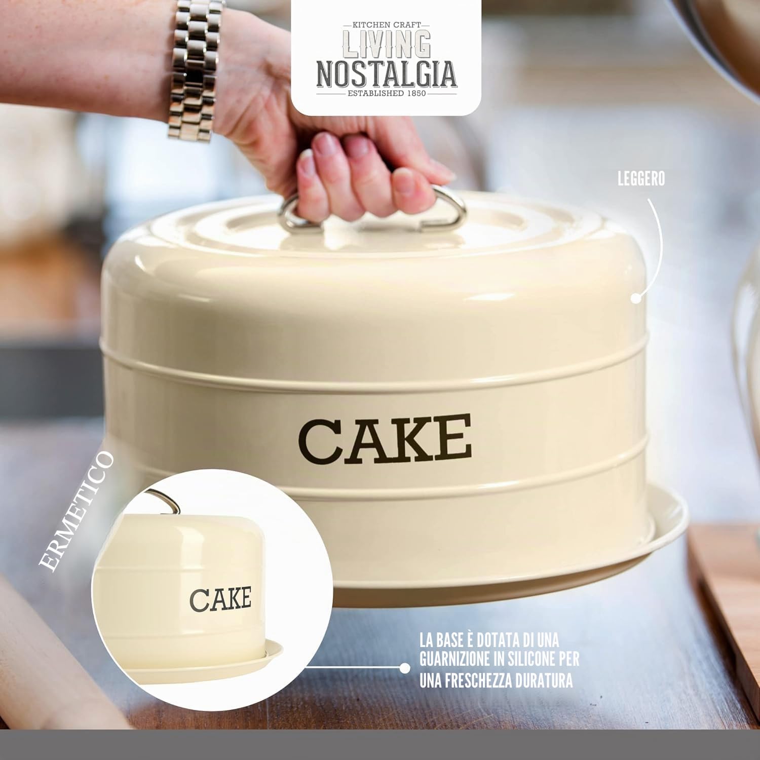 Kitchen Craft Living Nostalgia Tortiera con Coperchio a Cupola, Acciaio Inossidabile, Bianco, 28.5 cm x 18 cm