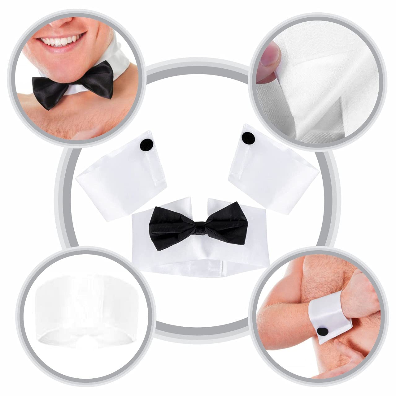 LORD CIG Stripper Accessory Set 3 Pieces Include A White Collar Attached Black Bow Tie And White Cuffs With Black Buttons For Men Costume Fancy Dress Party Accessories (Pack Of 1) (Men stripper) - Image 2