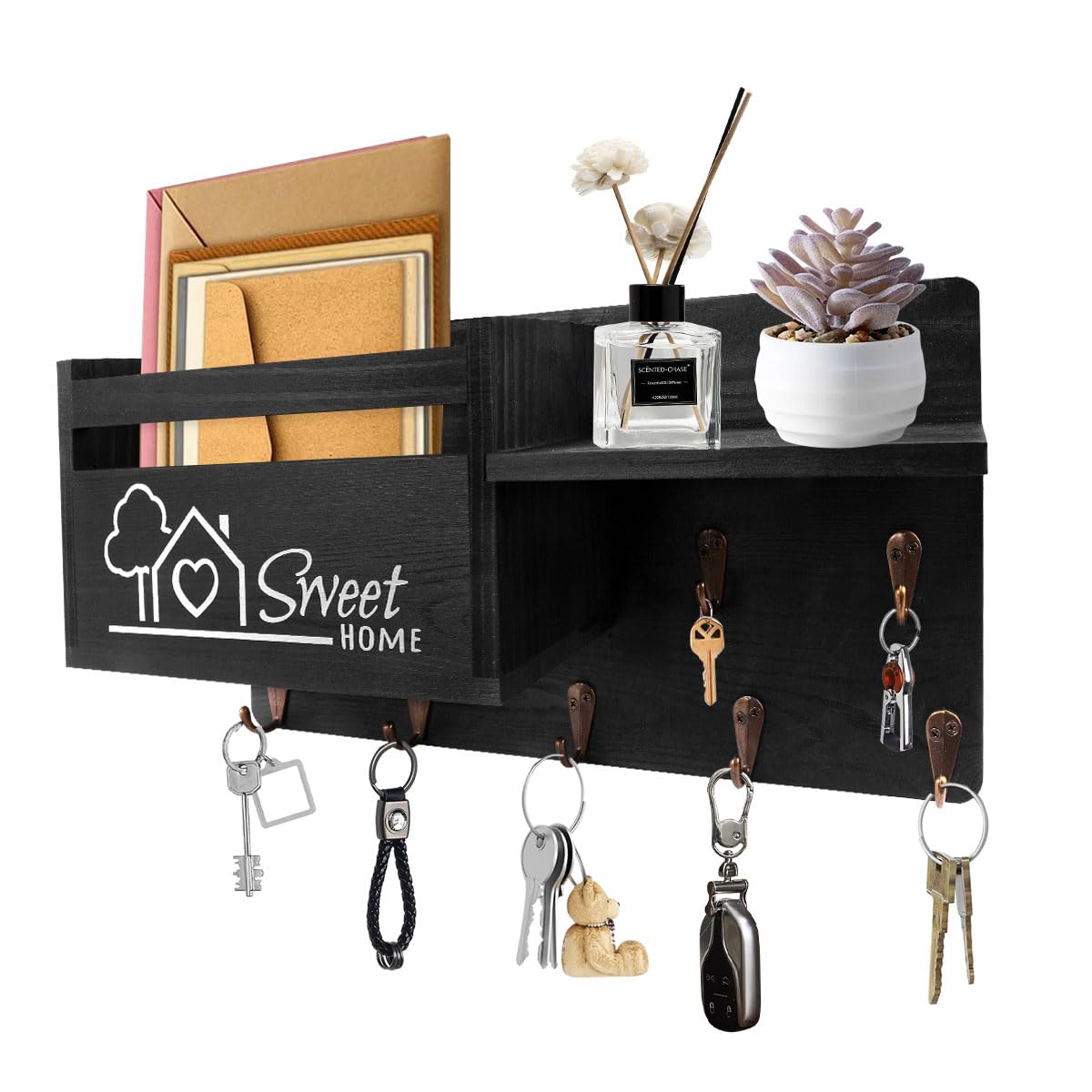 Portachiavi in legno per posta decorativa da parete e portachiavi Organizer con 4 ganci per chiavi e mensola galleggiante per montaggio a parete a forma di Z