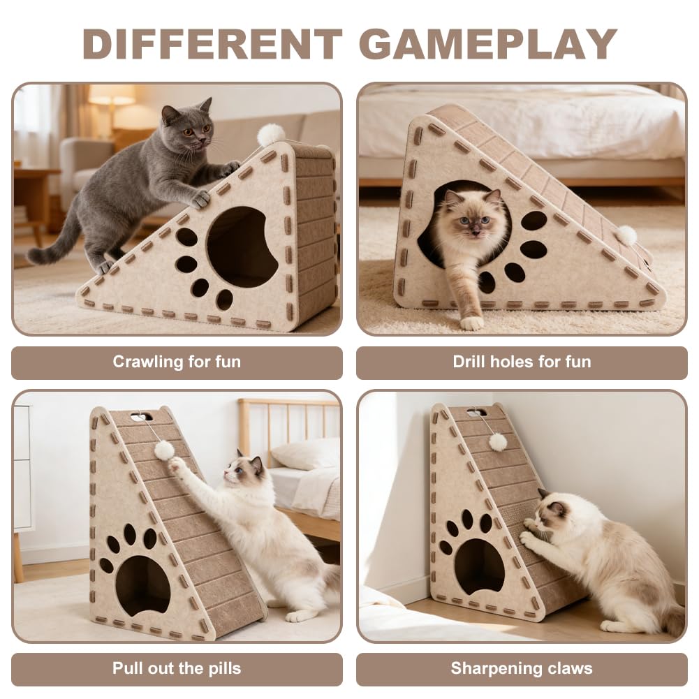 Planche à gratter 3 en 1 et maison triangulaire en feutre - Grattoir vertical pour chat d'intérieur - Scratch Play Rest Cat Furniture - Grattoir robuste facile à nettoyer avec jouet à balle