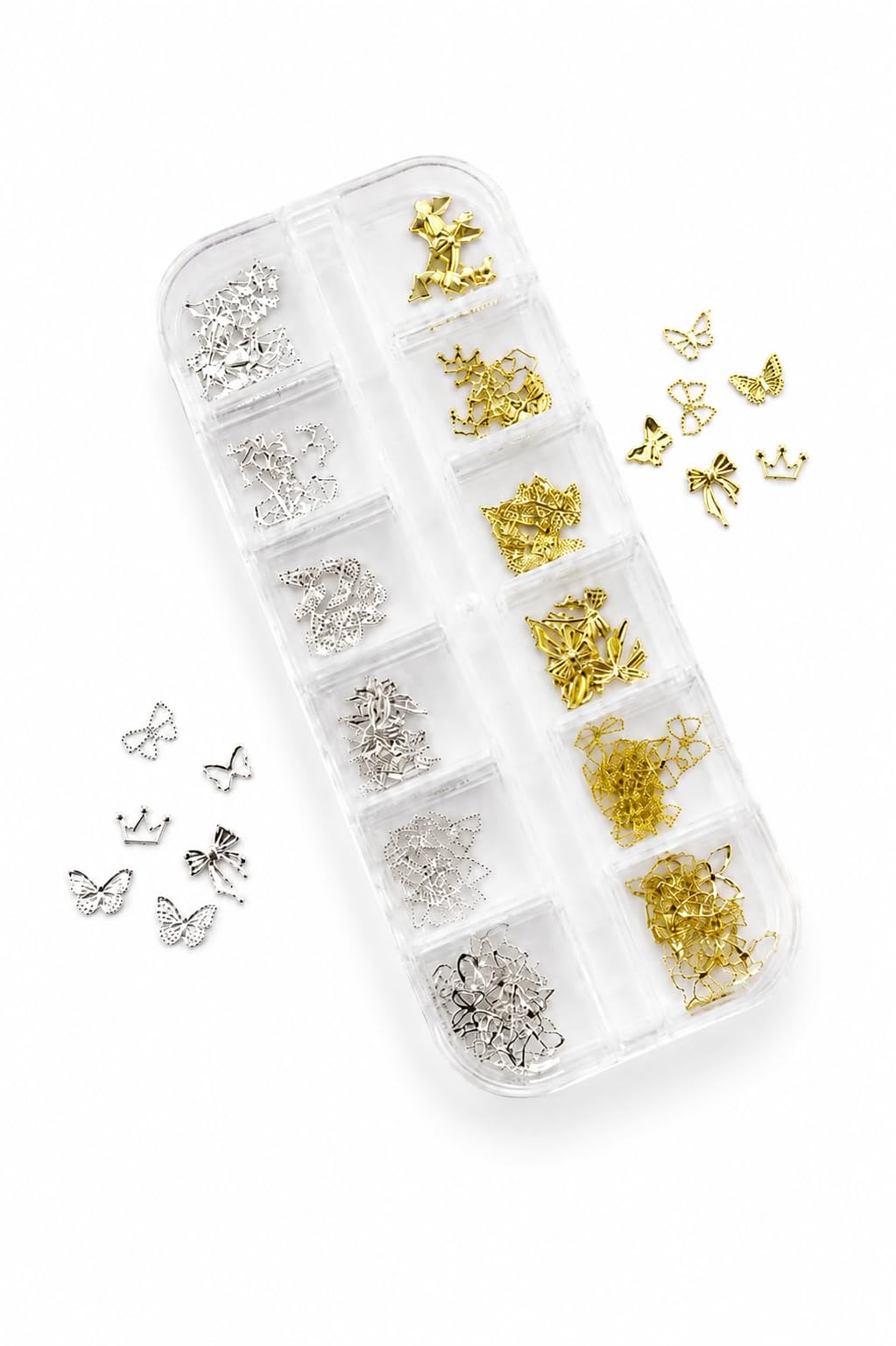 URBAN BOX 3D Metal Nail Art Charms Set, Gold and Silver Finish, Butterflies, Bows, Crowns, Floral Shapes, 12-Grid Organiser Case-picture-50