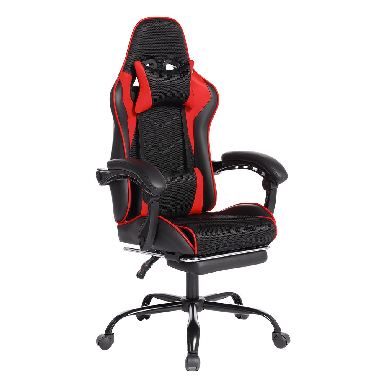 Gaming Desk Chair for Adults, Ergonomic Gaming Chair with Footrest &amp; Headrest and Lumbar Support, Leather Material Height Adjustable Computer Video Game Chairs (Red Upgrade)