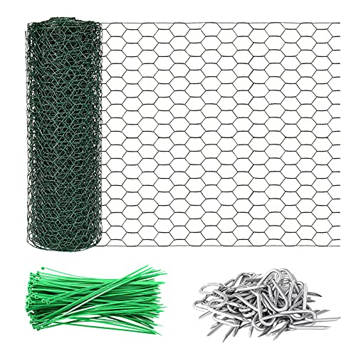 green chicken wire - FSHIHINE Chicken Wire for Craft Work 15.7in x 33ft, Hexagonal Wire Mesh, Garden Rabbit Animal Fence, Galvanized Wire Fence Roll, PVC Coated 1in Mesh Size, Green