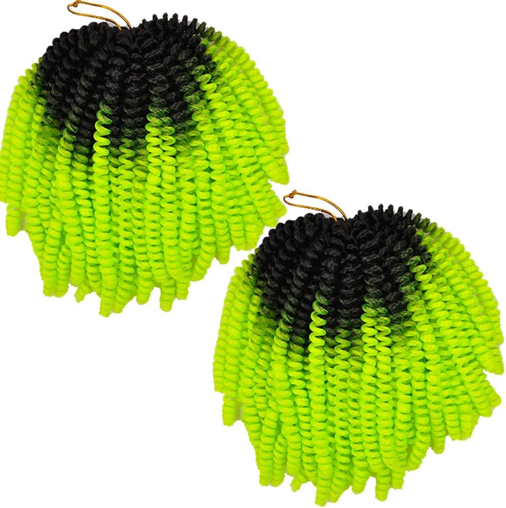 MSBELLE 2 Packs/Lot Spring Twist Crochet Braiding Hair Extensions 9 Inch Kinky Curly Short Synthetic Fiber Braids Hair(Black to Yellow Green)