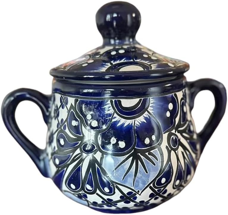 Handmade Blue and White Talavera Sugar Jar with Handles | Decorative Ceramic Jar with Lid