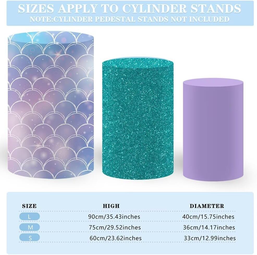 Set of 3 Cylinder Pedestal Covers for Under The Sea Birthday Party Plinth Stand Spandex Tablecloth Covers Girls Baby Shower Mermaid Parties Decorations Supplies