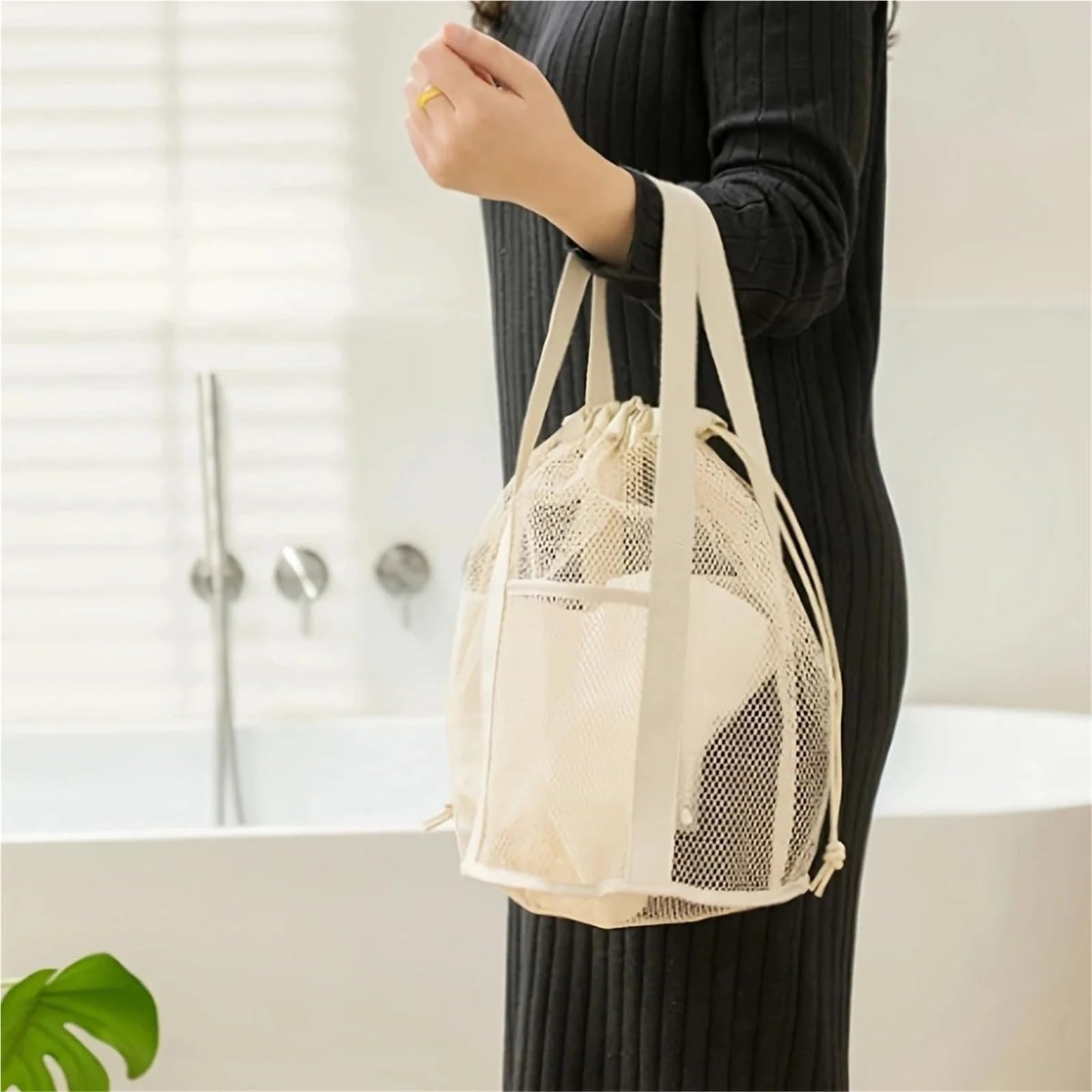 Borsa da toilette viaggio 1 pezzo, borsa ultraleggera pieghevole scavata in rete, tasca con coulisse, spiaggia Per Viaggi(Green)