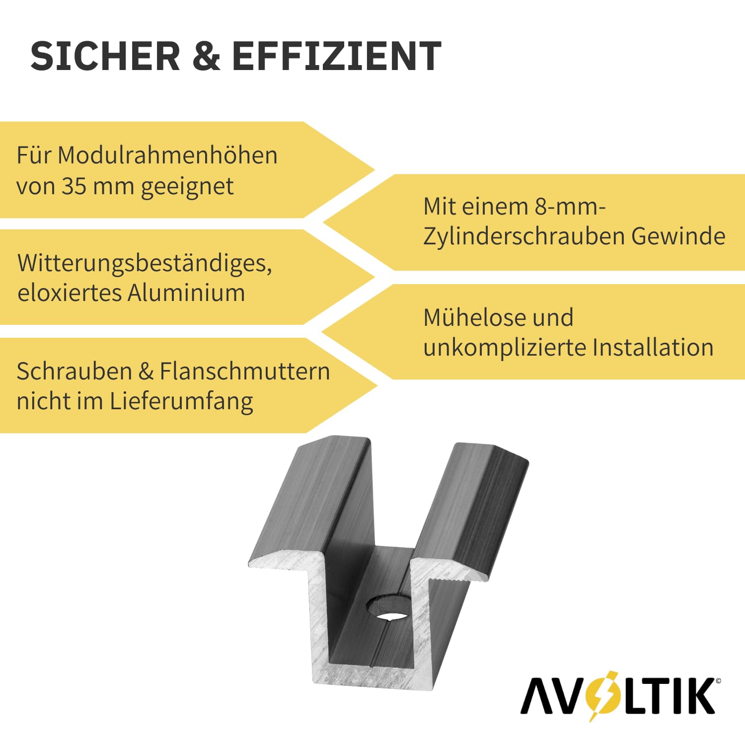 Avoltik Aluminium Mittelklemme 35mm in silber 50 Stück I Klemmen zur sicheren Solarmodul Befestigung I robuste & rostbeständige Balkonkraftwerk Befestigung mit 8mm Zylinderschrauben Gewinde