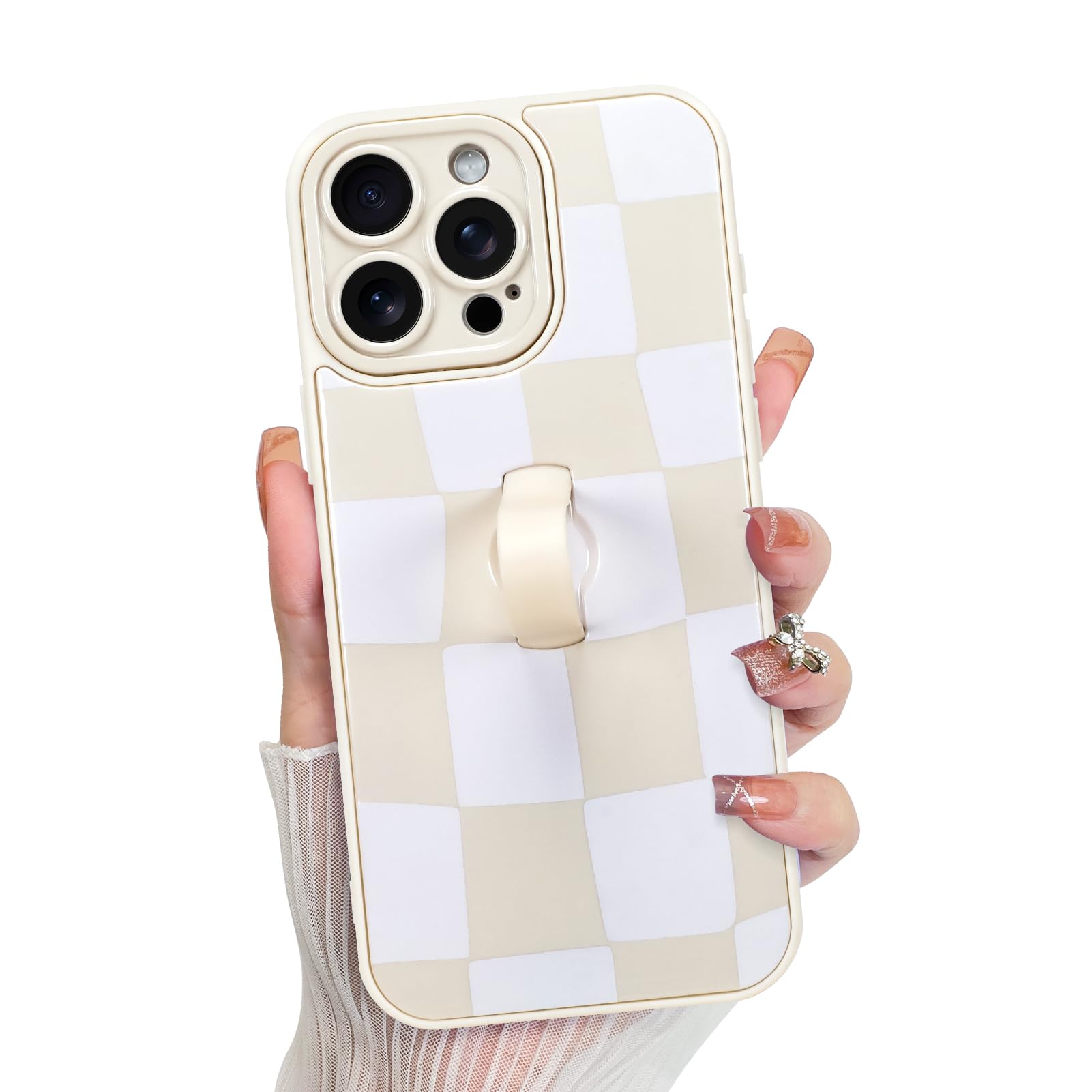 Photo 1 of ** USED** KANGHAR Compatible with iPhone 15 Pro Max Case, Silicone Checkered Cute Pattern, Wristband Kickstand Camera Protection Soft Slim Cover for Girls Women -White