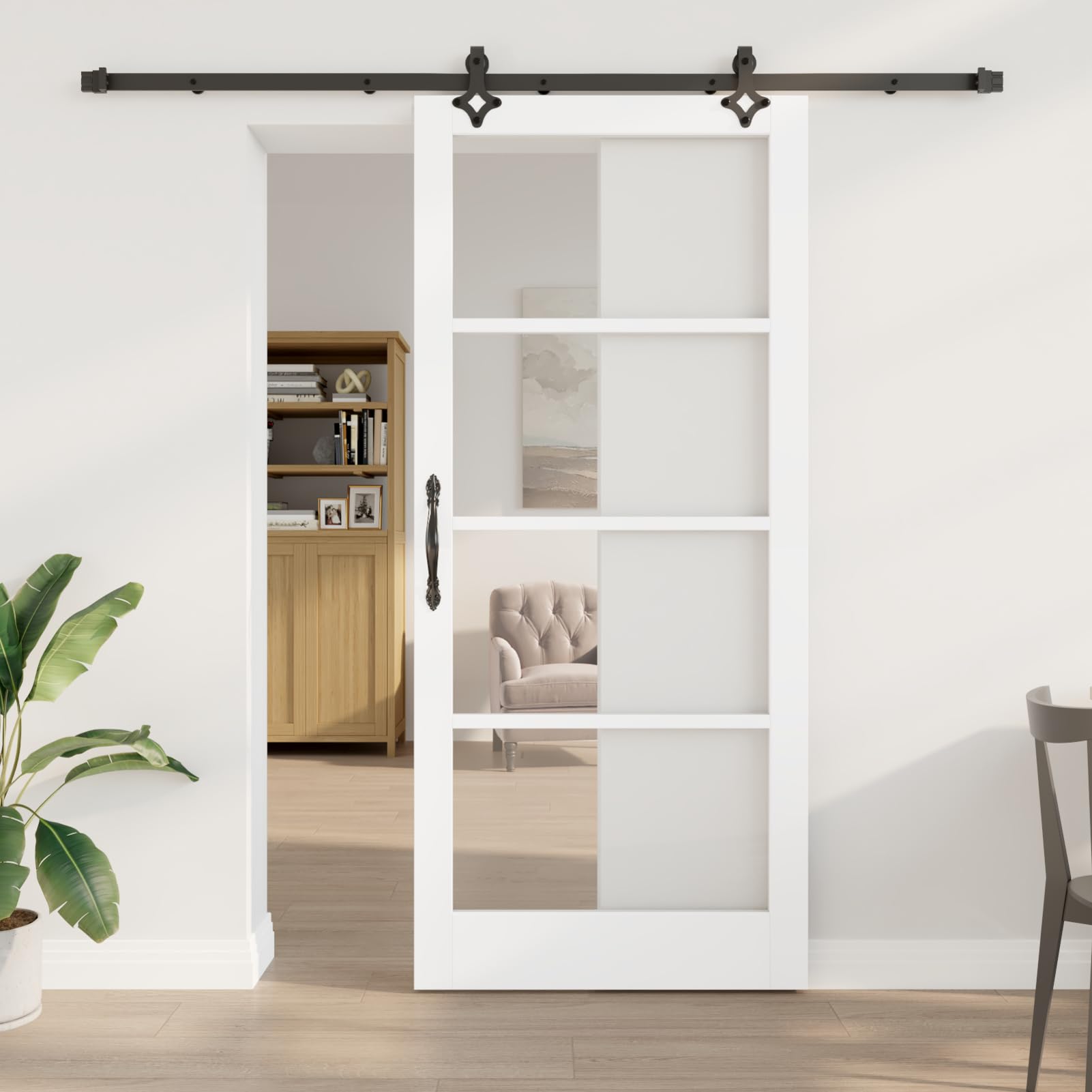 Puerta corrediza blanca, madera pino y metal, moderna y elegante. Ideal para salas y comedores. Sistema deslizante manual, fácil instalación, incluye herrajes. Solo interior, máxima durabilidad y esti