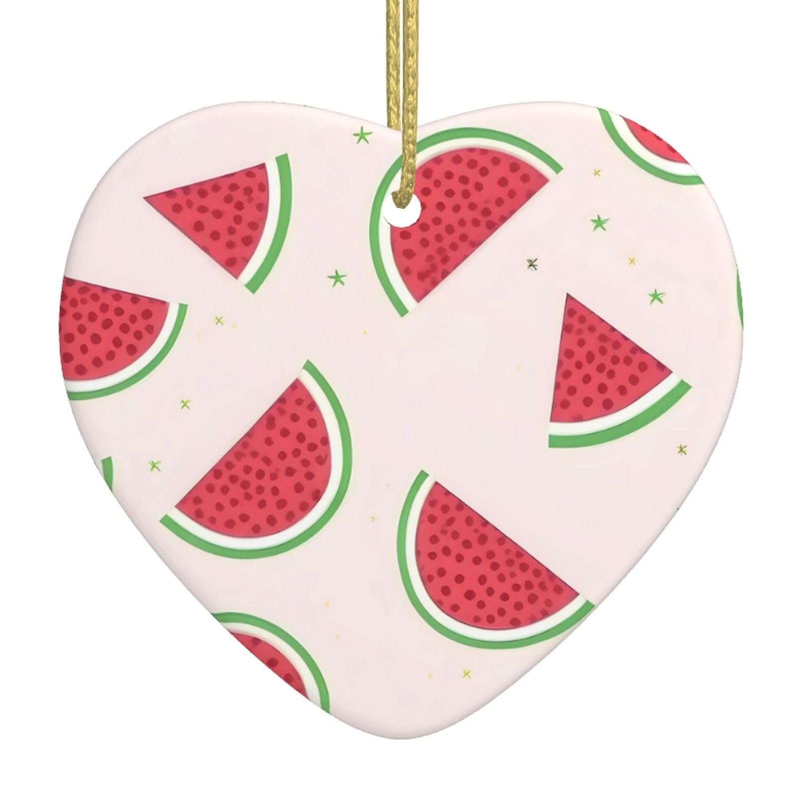Pink Watermelon Ceramic Christmas Heart Pendant with Silk Thread, Christmas Tree Home Decoration