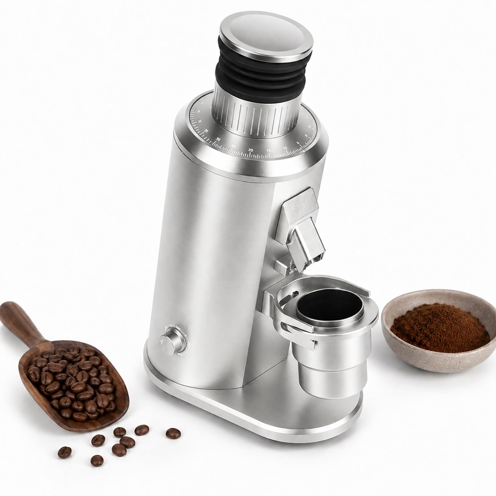 vnmudzeo Commercial Espresso Coffee Grinder - 80mm Stainless Steel Flat Burrs, 800-1600 RPM Adjustable Speed, 70g Single Dose Hopper and 58mm Portafilter Holder Silver