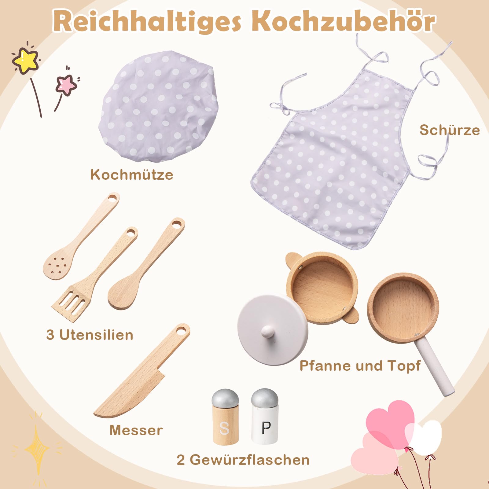 DREAMADE Kinderküche Holz mit 10 TLG. Zubehör, Kinder Küche mit Waschbecken Herd Backoffen, Mini Holzküche, Spielküche mit Licht und Geräuschen für Kleinkinder ab 3 Jahren (Weiß)
