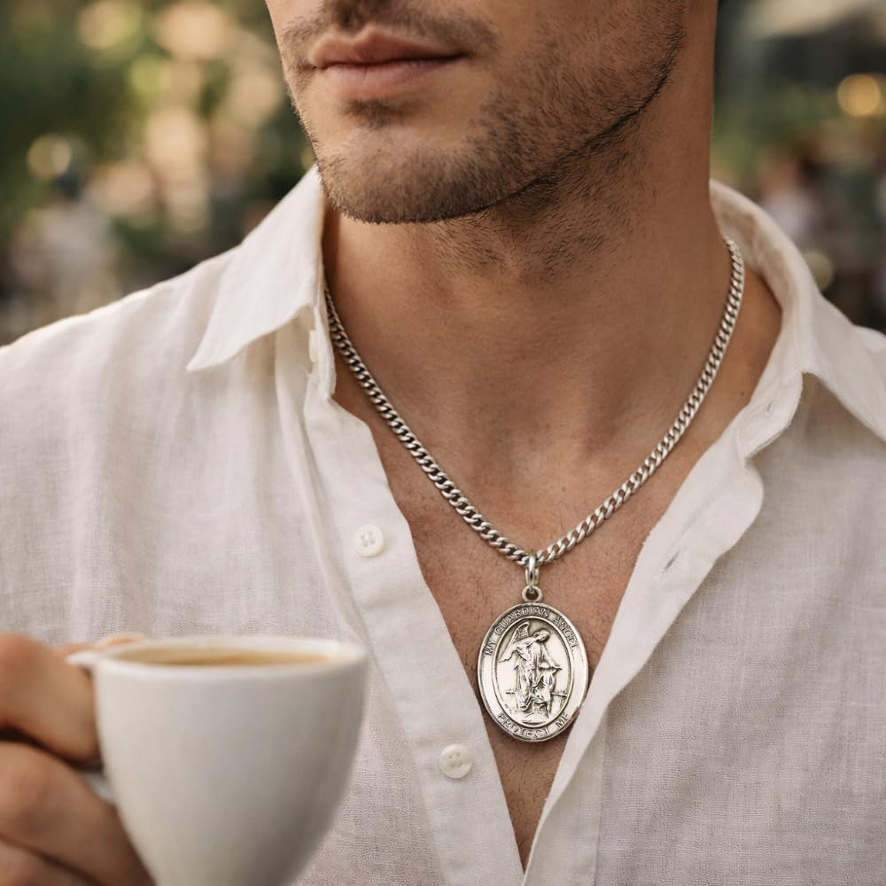 F A Dumont Sterling Silver Guardian Angel Pendant with 24" Stainless Steel Heavy Curb Chain.