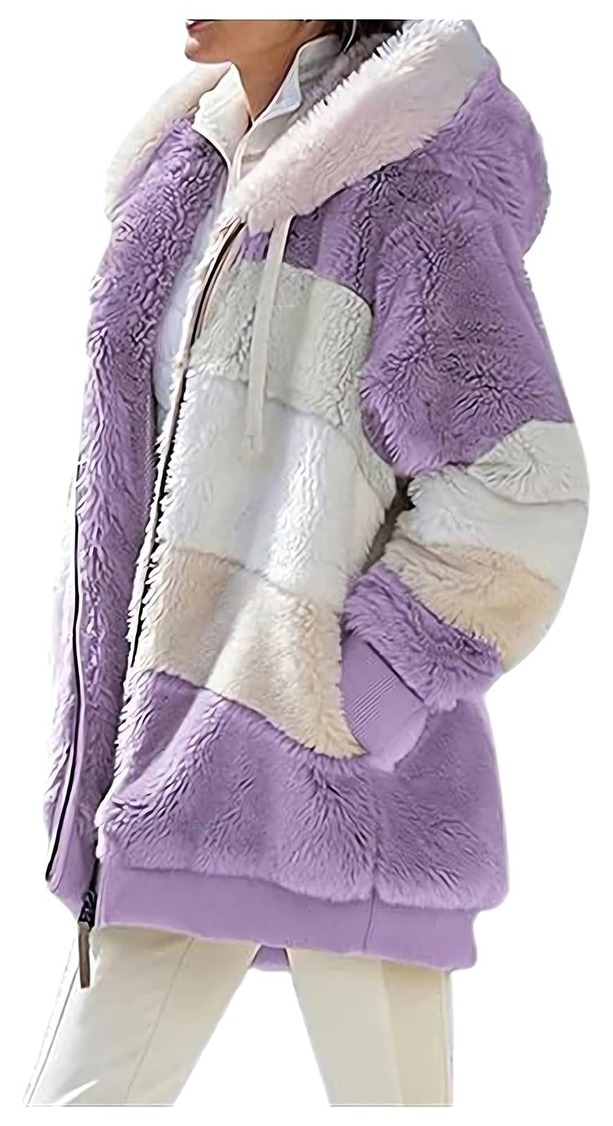 2024 New Rcontrasting Lamb Wool Padded Coat Sherpa Hoodie Lined Jacket Women Faux Fur Shearling Fleece Zip Shacket