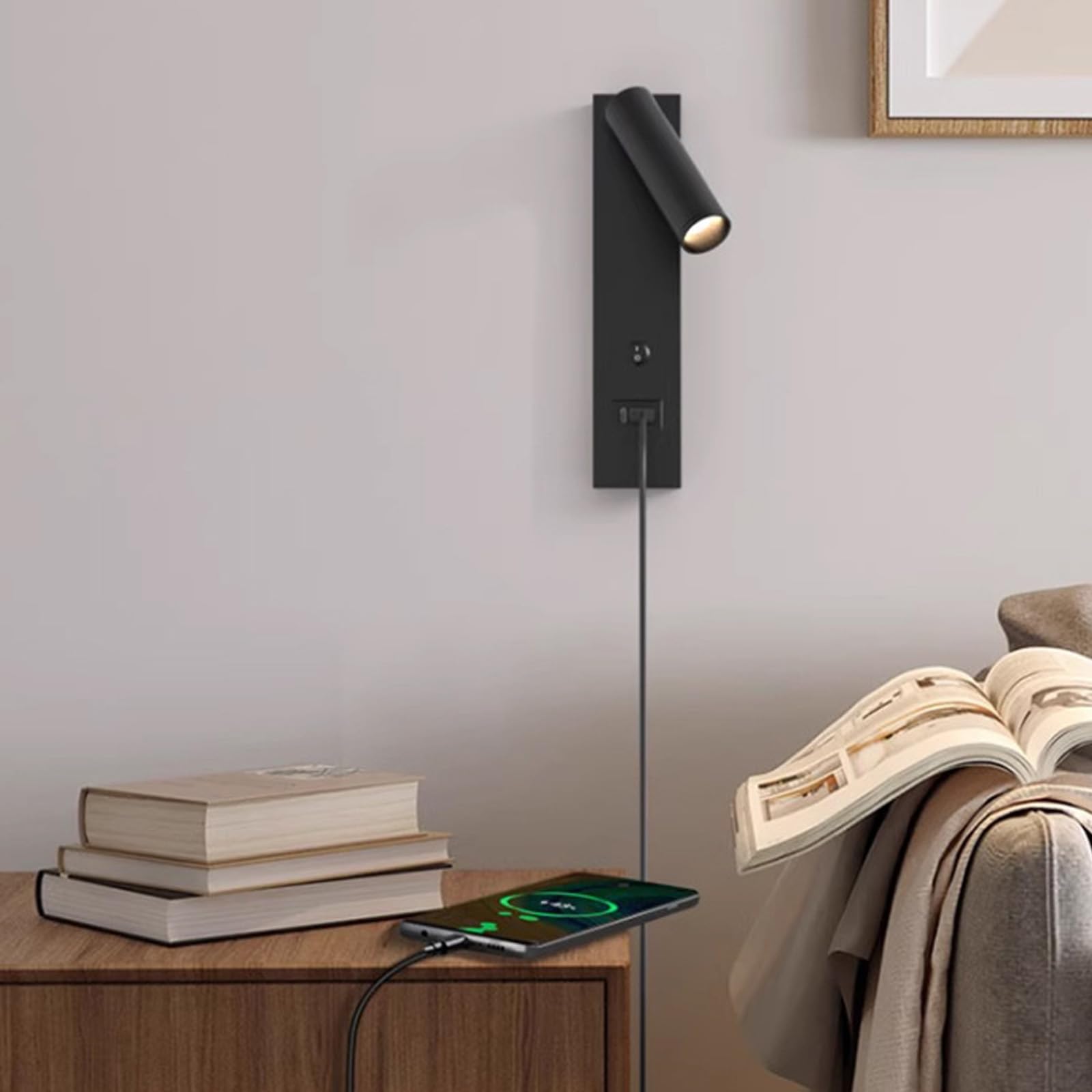 lampa ścienna LED lampa ścienna lampki do czytania kinkiet ścienny z portami USB oświetlenie ścienne z przełącznikami obrót o 350° + 90° regulowany do salonu, sypialni, przedpokoju (czarny, ciepłe
