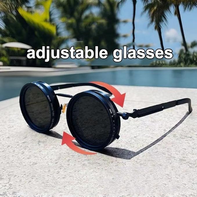 Image of Adjustable Tint Polarised Round Sunglasses with ND9 Continuously Adjustable Lenses for Men, 1-9 Speed Beach Sunglasses Glasses (BLACK)
