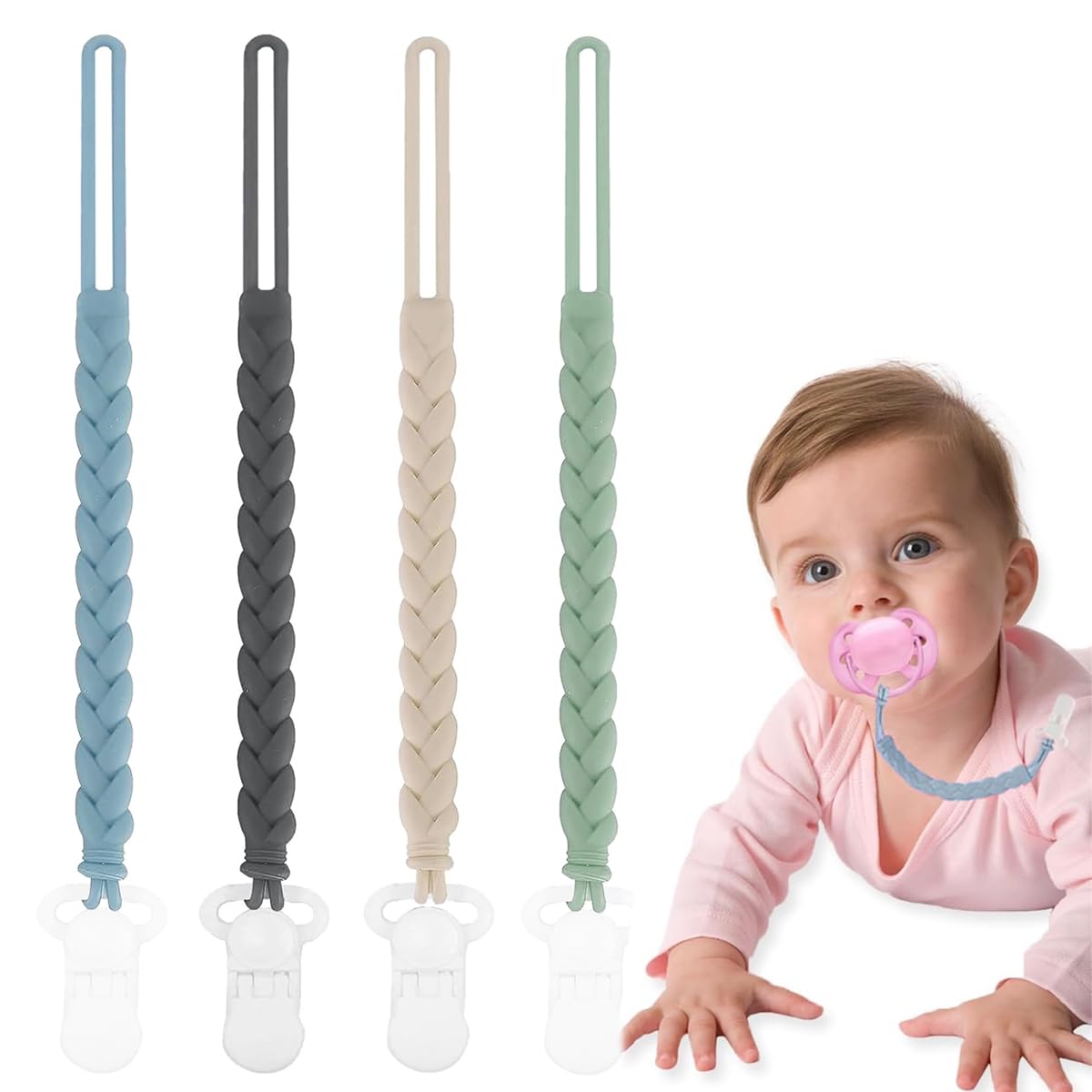 SNOWIE SOFT® 4Pcs Pacifier Clip Straps Silicone Pacifier Holder Anti-Lost Pacifier Holder for Clothes 4-Color Woven Silicone Pacifier Holder Clips Stroller Toy Clips Shower Gifts
