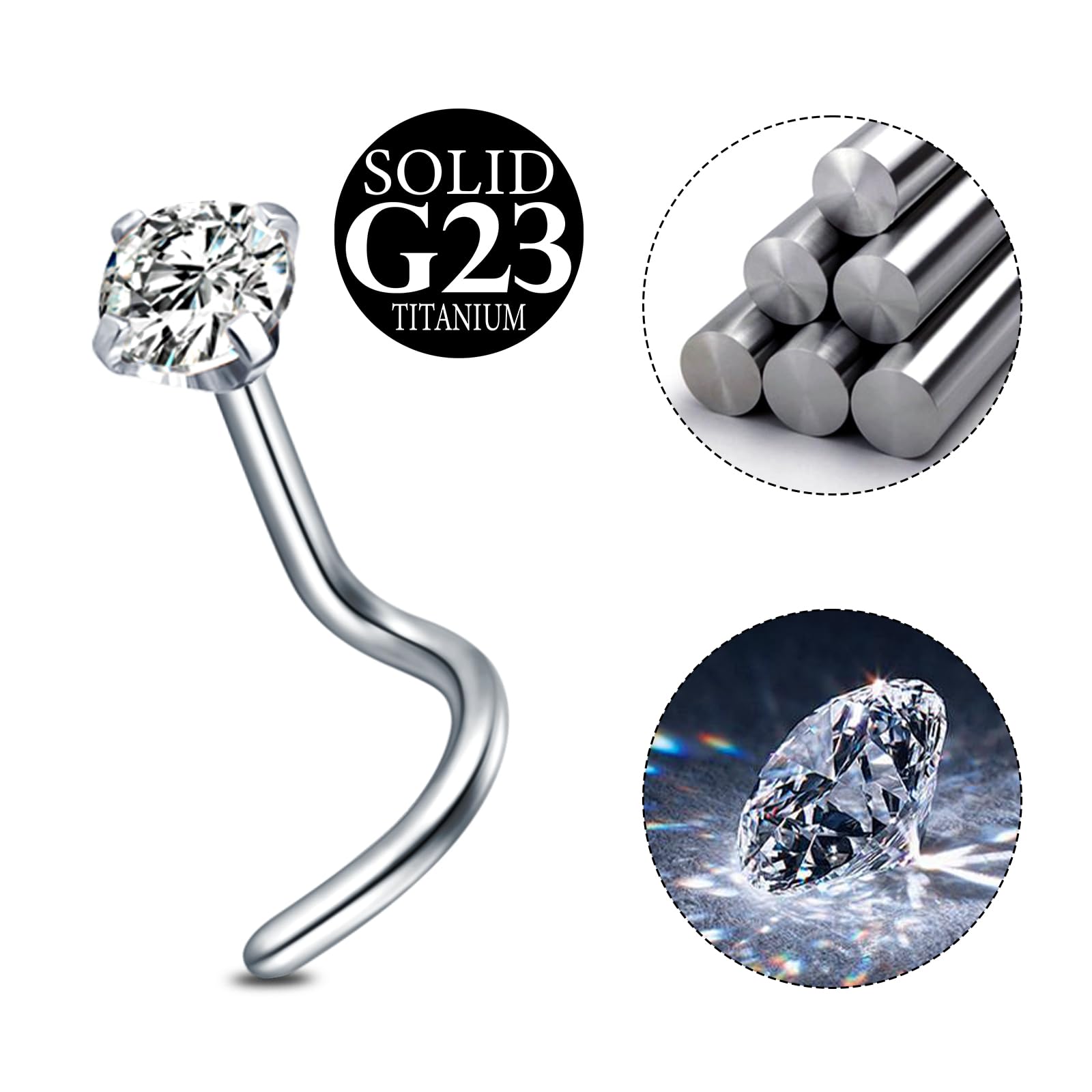 AceFun 20G piercing nariz titanio plata 1 forma G23 plata recta Piercing nariz Joyería para Mujeres Hombres plata circonio cúbico diamantes 1.5mm 2mm 2.5mm 3mm — view 3