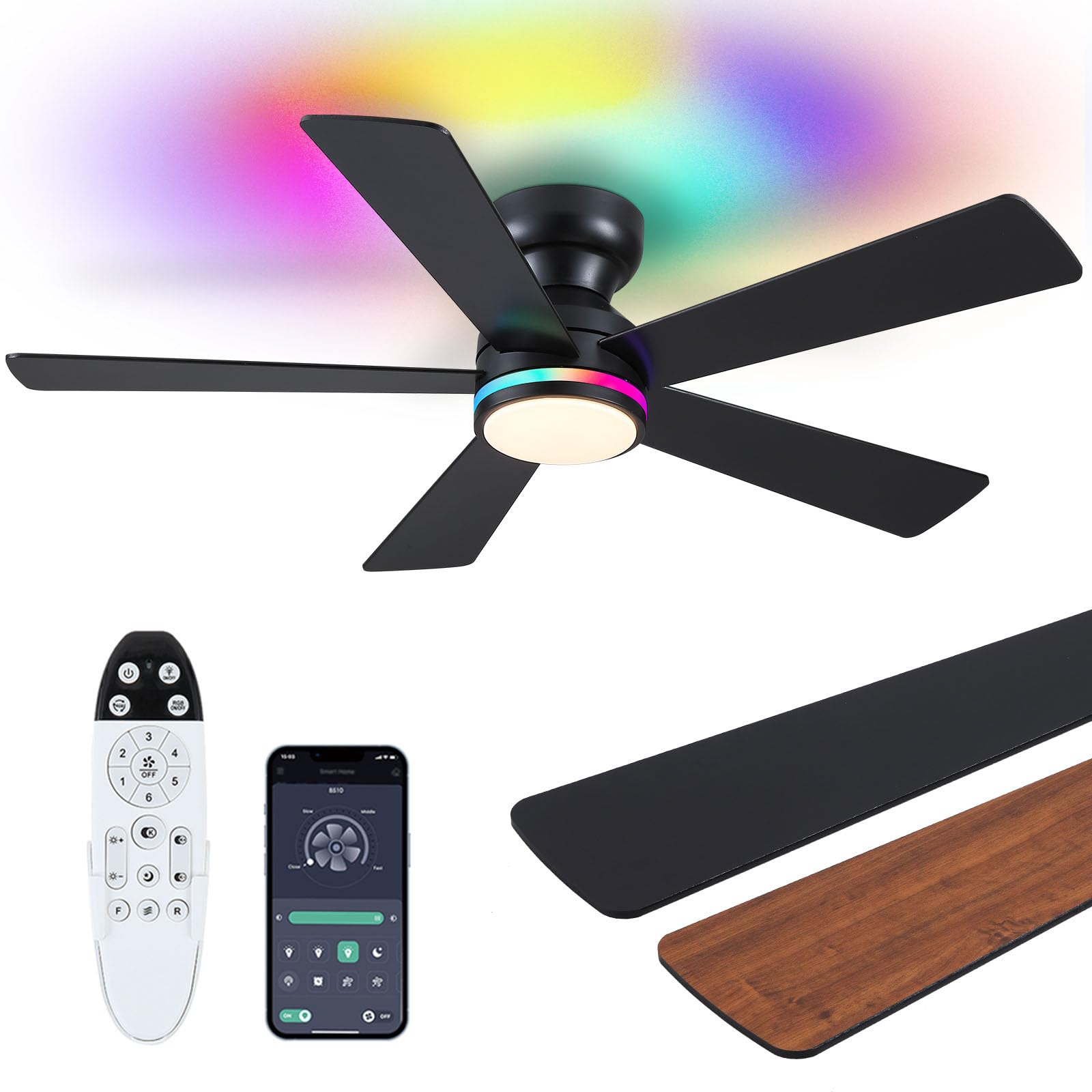 Photo 1 of ***FOR PARTS ONLY/ NON-FUNCTIONAL*** Brown RGB Ceiling Fans with Lights - 46" Flush Mount Ceiling Fan with Remote APP, RGB+3CCT Dimmable Led Light, Reversible 6 Wind Speeds&2H Timer, Low Profile Modern Fan Light Fixture for Bedroom Party