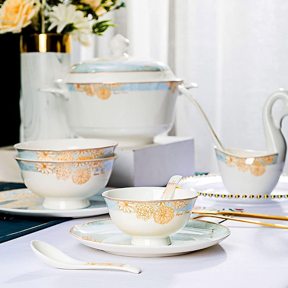 Set de Service de dîner de modèle Osmanthus, Porcelaine de Banquet Familial, 60 Ensembles de plaques, Soupe, Dessert, Bol