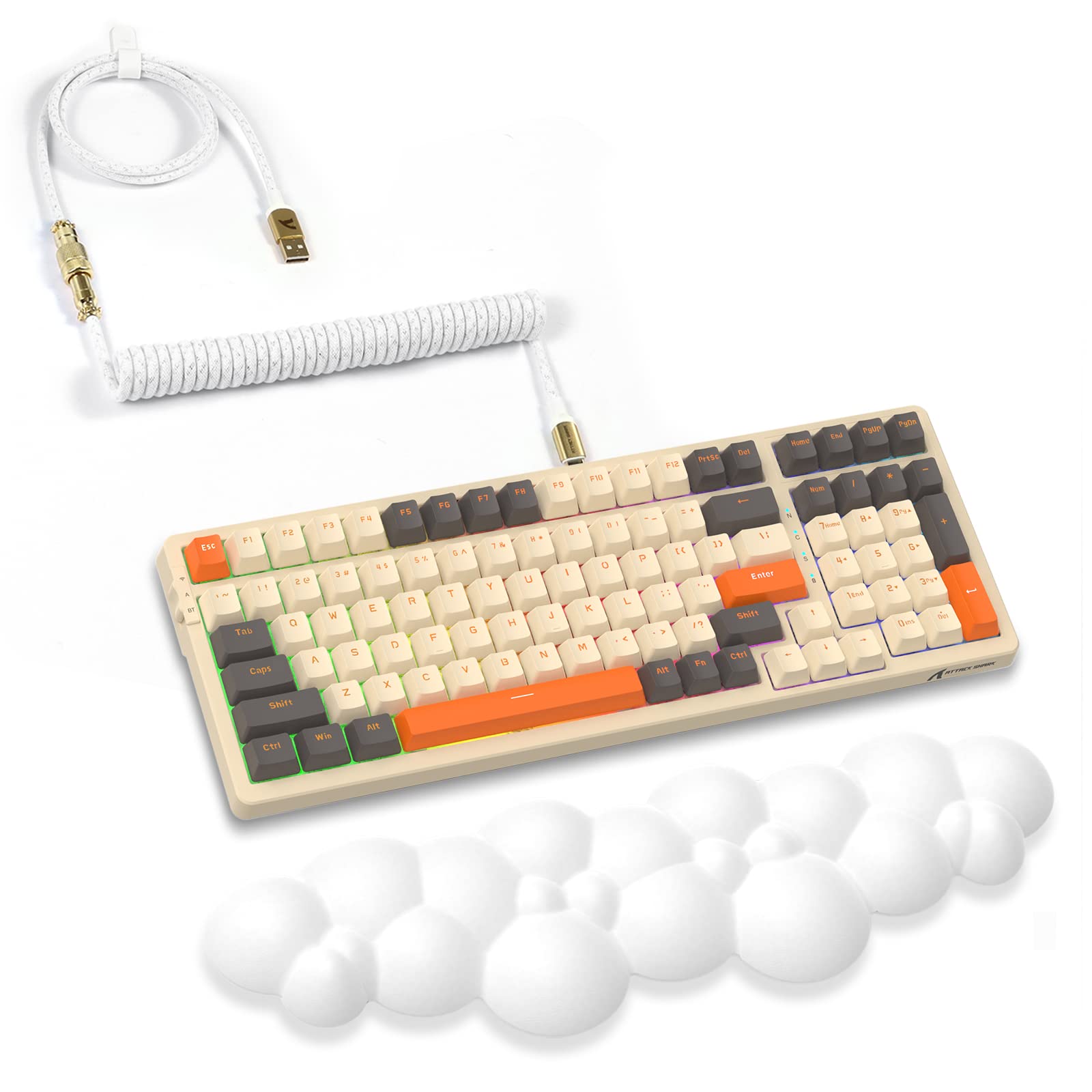 ATTACK SHARK K98 96% Wireless Mechanical Keyboard Triple Mode BT5.0/2.4G/USB-C 100-Key with Number Pad Hot-Swappable RGB, with Coiled Cable,Wrist Rest for MAC,Windows,Android(Gary & Yellow Switch)