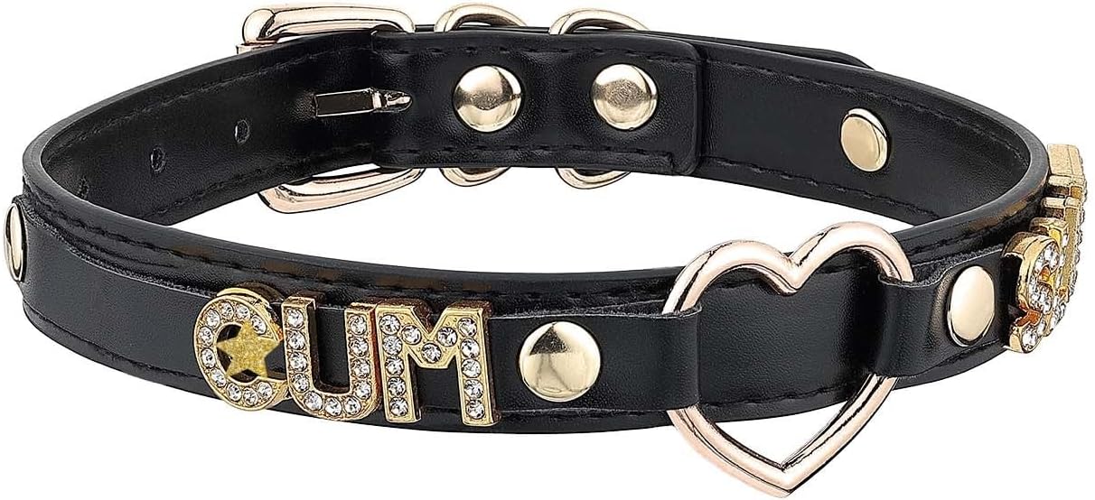 Handmade Gold Heart O-Ring Letter Choker Necklace for Women, Adjustable PU Leather Black/Pink Choker Collar For Women, Goth Choker Collars Necklace - Image 2