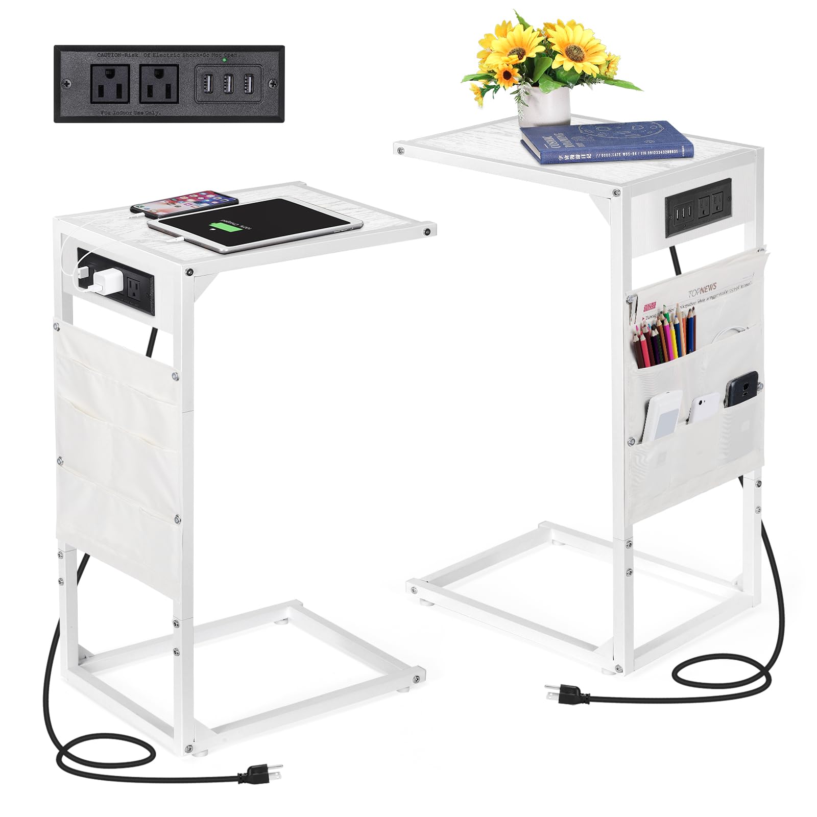 Fogein Set of 2 C Shaped End Table with Charging Station for Bedroom, Living Room, Sofa Couch(White)