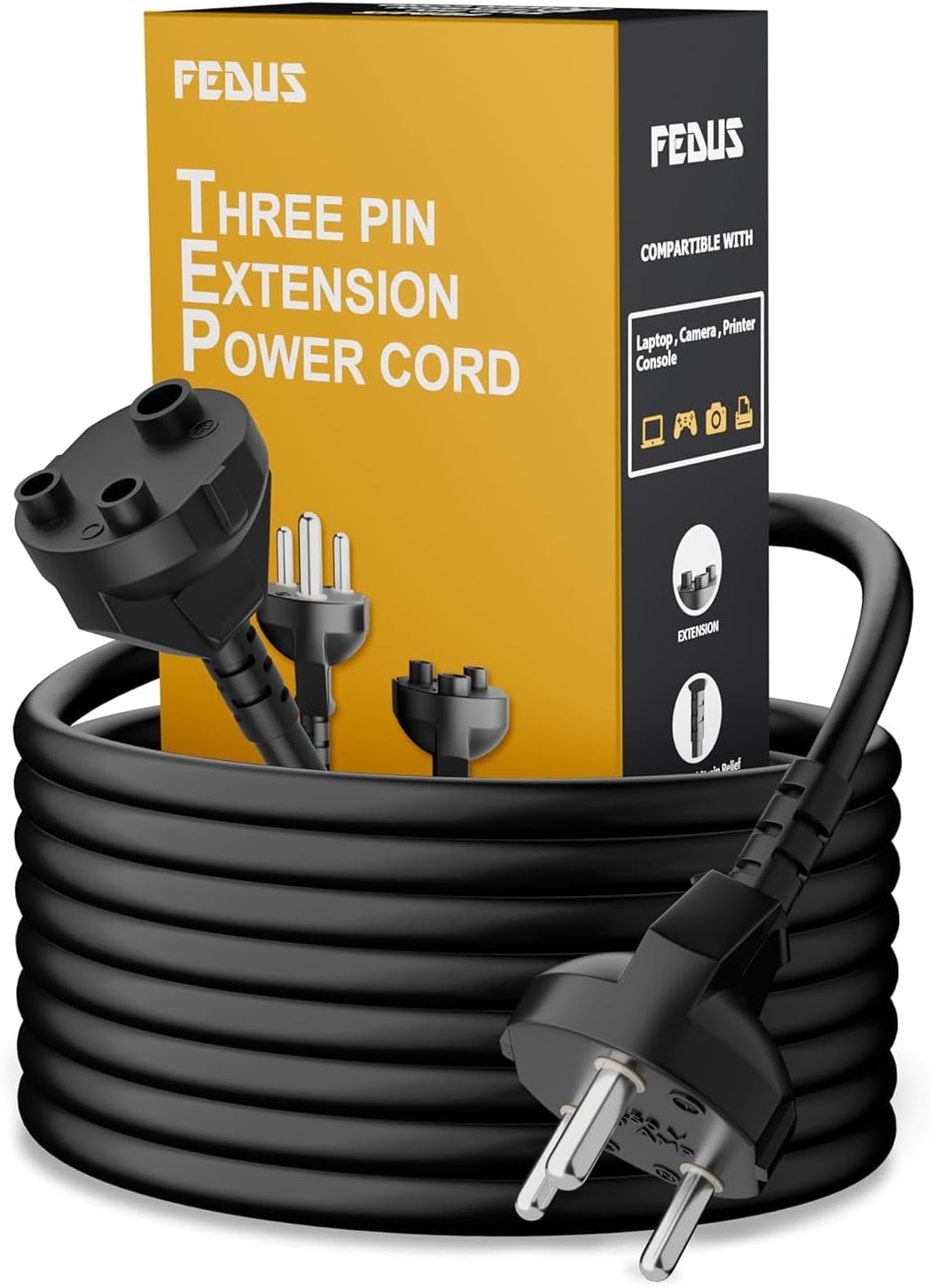 FEDUS Long 18AWG Heavy Duty Male to Female 3 Pin Power Extension Cord Wire, 10amp Indoor Outdoor Power Extension Electrical Extender Cable for appliances, Electronics, and Tools (15-Meter)
