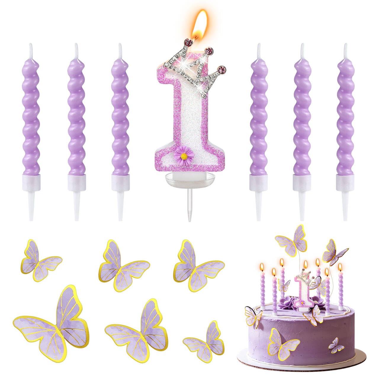 Crown Number 1 Birthday Candles for Cake with 6 Pcs Purple Spiral Candle