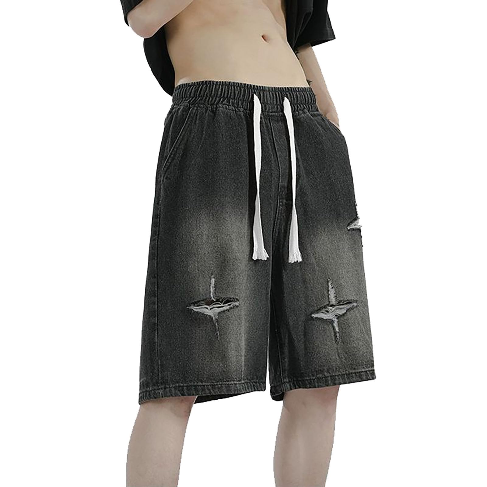 Y2k Y2k Short en Jean Baggy pour Homme Motif étoiles Patchwork Jambe Large Hip-hop Jorts Y2k, Noir, Taille