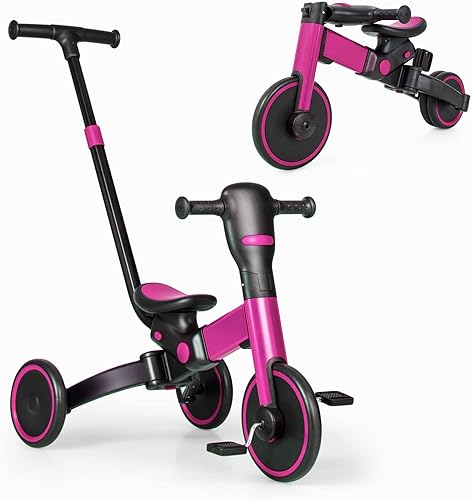 Miniatura 1 de BABY JOY Triciclo plegable 4 en 1 para niños pequeños triciclo plegable para niños bicicleta de equilibrio para bebés con mango de empuje ajustable