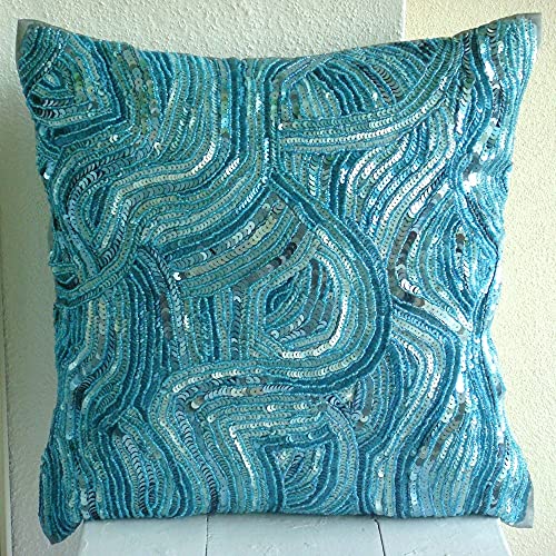 The Homecentric Blue Accent Pillow, Sequins Beaded Abstract Glitter Sparkly Pillow Cover, 18X18 Inch (45X45 Cm) Decorative Pillow Cover, Square Silk Throw Pillow Cover, Beach, Sea - Aqua Infinity #TOP3