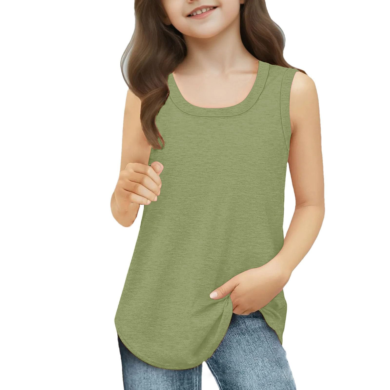 Girls Tank Tops Summer Sleeveless Loose Scoop Neck Casual Flowy Shirt Solid Curved Hem Undershirt (Green, 3-4 Years)