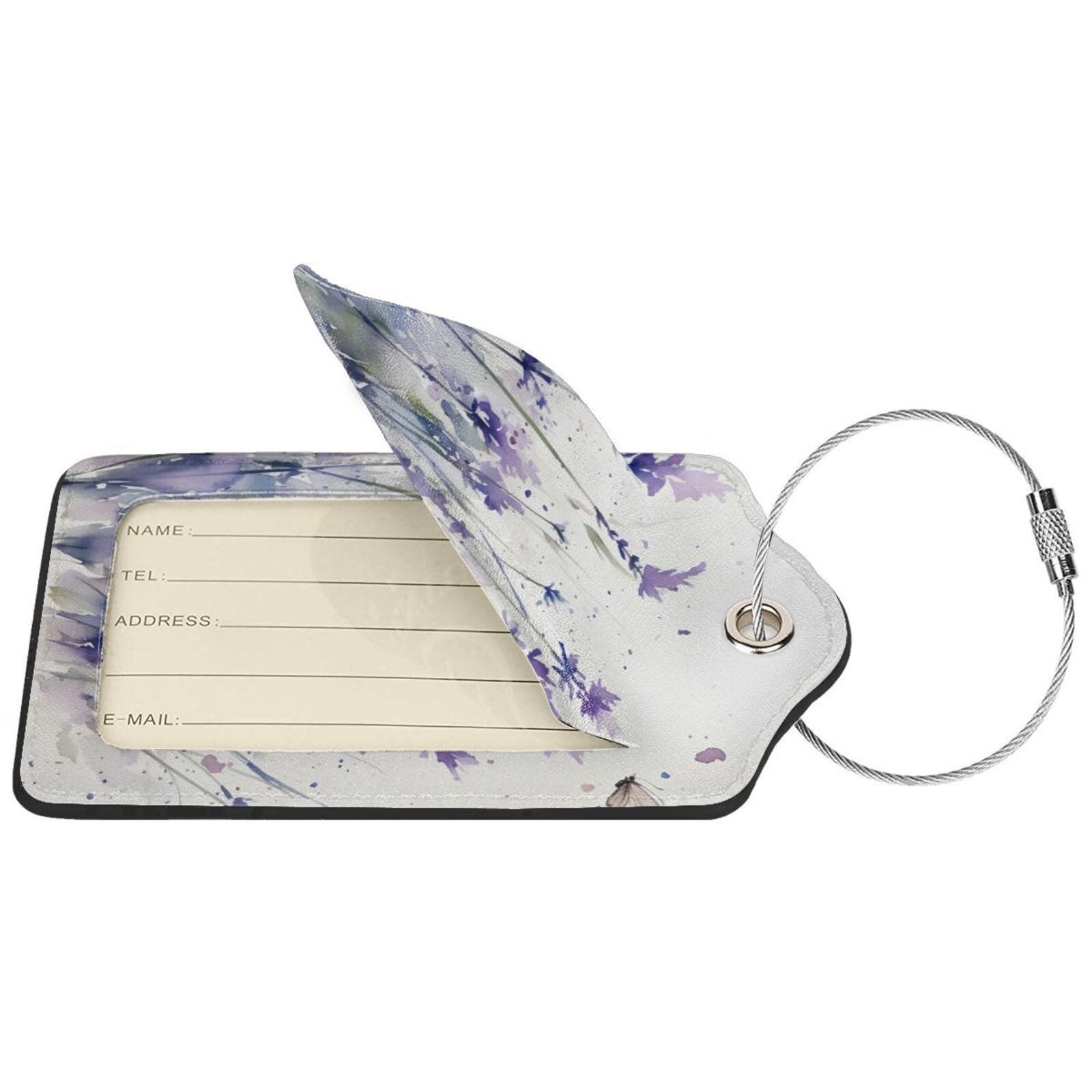 4 etichette per bagagli in pelle PU per valigie, etichette per bagagli ad acquerello viola lavanda con anello in acciaio inossidabile, etichetta identificativa per la privacy, per donne e uomini