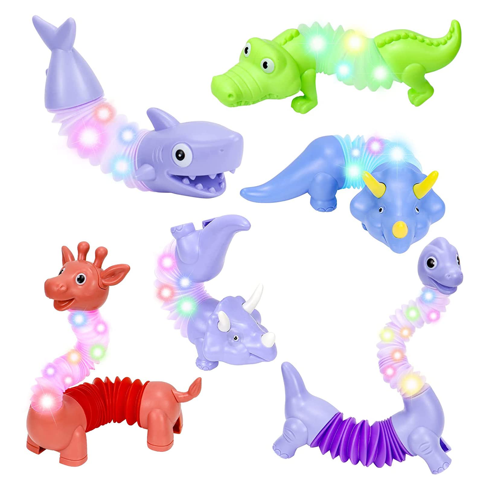 Masroo 6-Pack LED Pop Tubes Mixed Animal Fidget Toys – Sensory Tubes for Toddlers – Cute Animal Sensory Fidget Toys for Girls and Boys – Stress-Relief Pop Sound Spring Toddler Sensory Toys