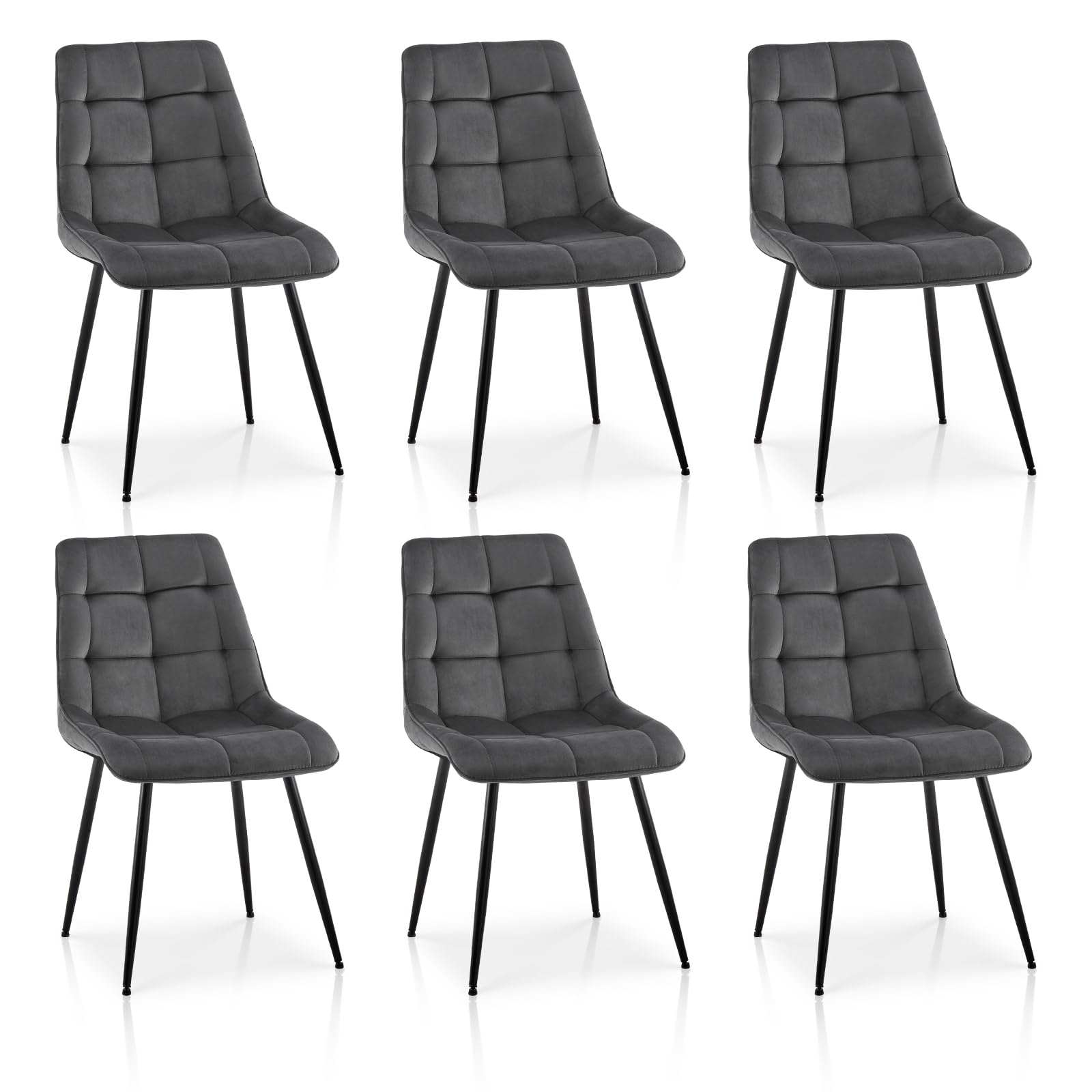 TUKAILAI Esszimmerstühle 6er Set aus Samt, Küchenstuhl Polsterstuhl Wohnzimmerstuhl mit Rückenlehne,Gepolsterter Sitz, Metallbeine, Design Stuhl für Küche Esszimmer, Dunkelgrau