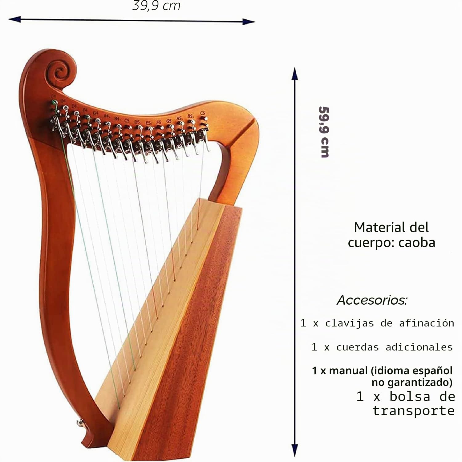 Arpa irlandesa celta, arpa de palanca de caoba de 19 cuerdas con llave de afinación y bolsa de concierto negra, arpa de lira estilo irlandés celta para adultos y niños principiantes