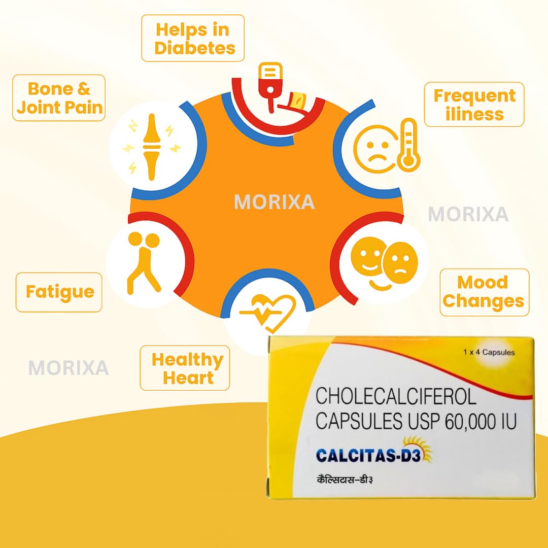 MORIXA Calcitas D3 Capsule | Vitamin D3 60000 IU Cholecalciferol Supplement | Supports Bone, Teeth, Muscle & Immunity Health | 5 Strips x 4 Capsules (20 Capsules) 2